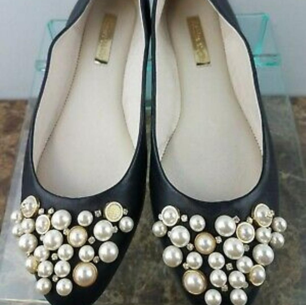 Louise et Cie leather flats black. Faux pearl accent semi pointed toes